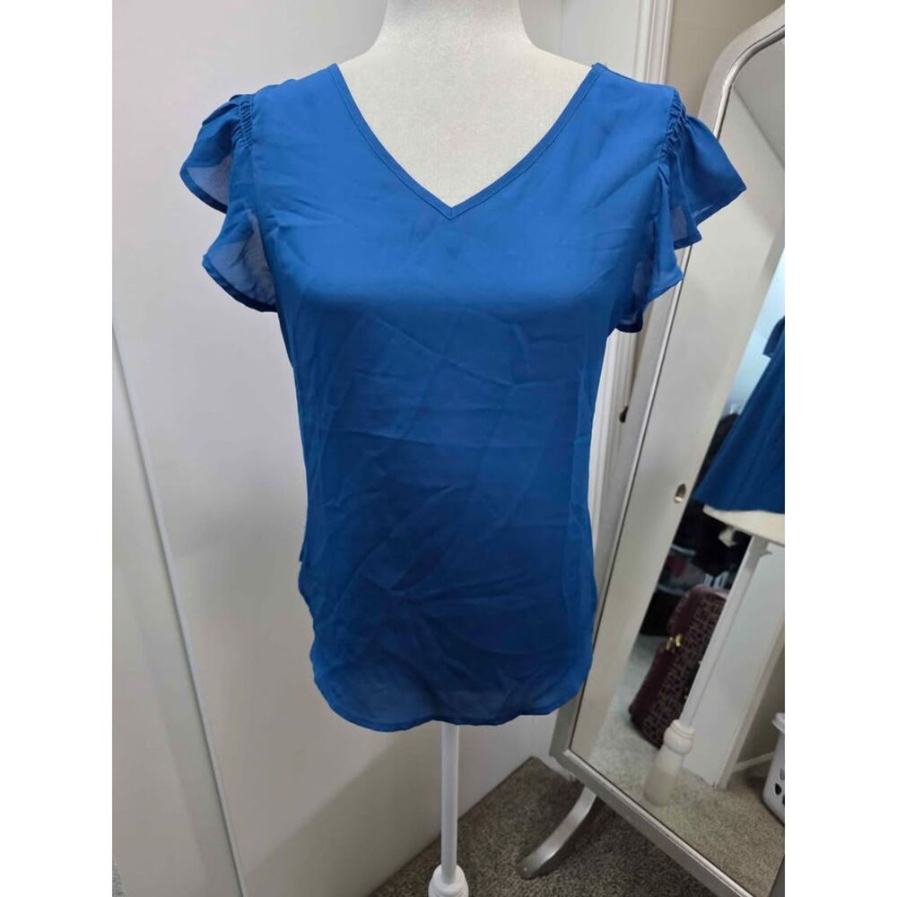 Papermoon Blue V-Neck Flutter Sleeve Blouse Size S